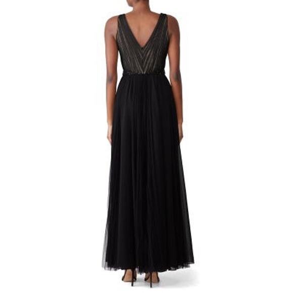 Badgley Mischka Black pleated Tulle Chiffon V-neck Gown size 2 - Picture 2 of 16
